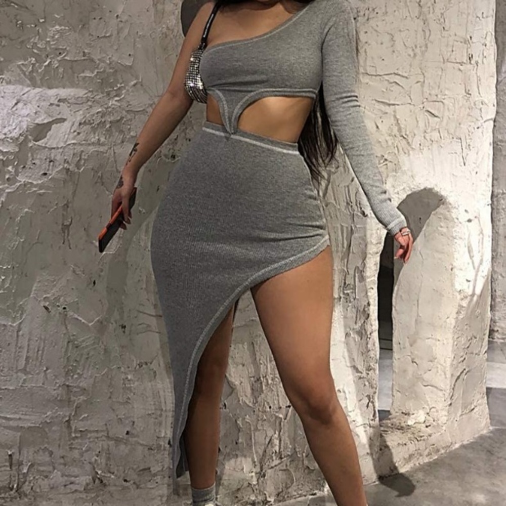 Ribbed gray contrast stitch crop top skirt set